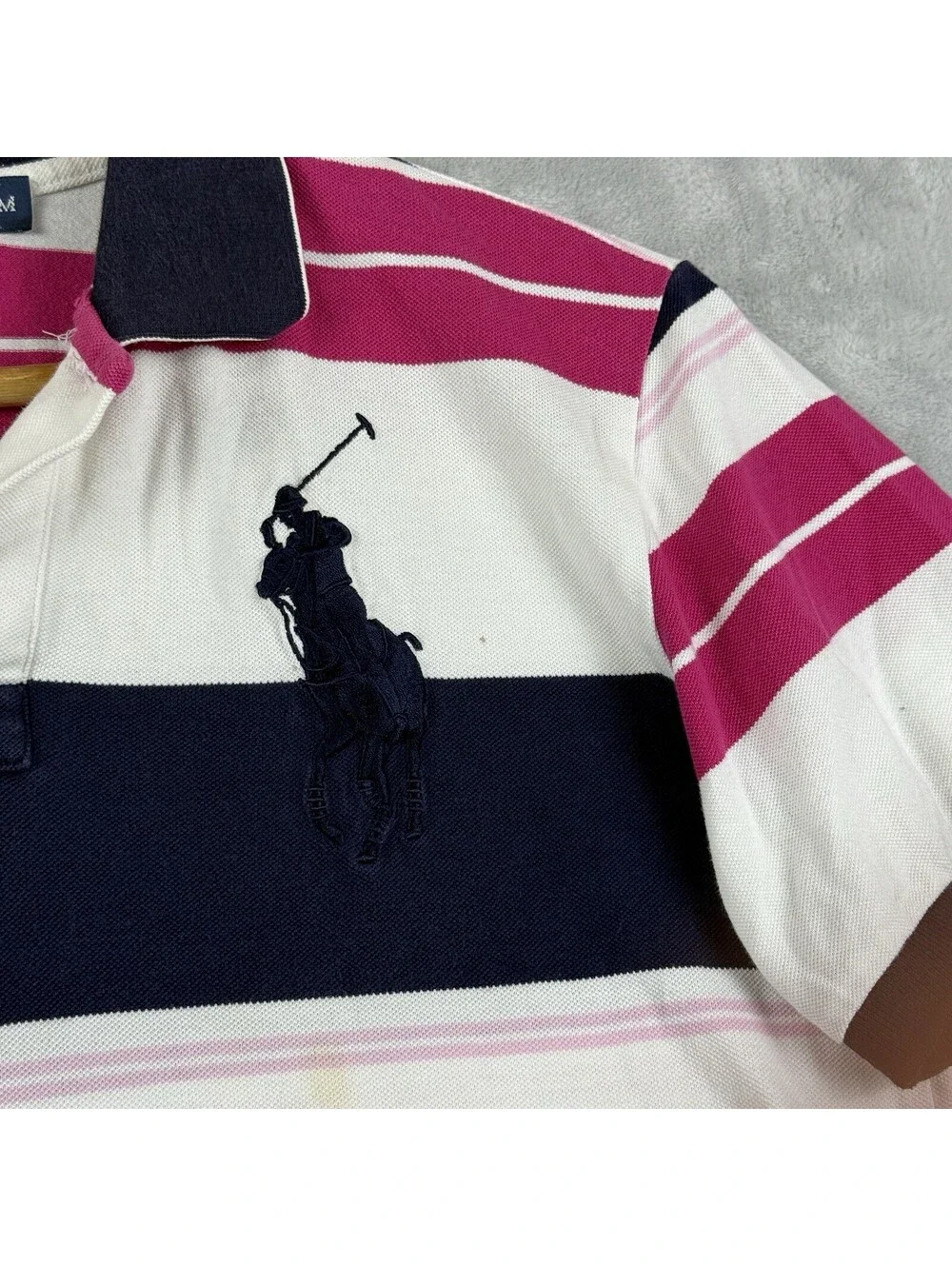 Polo Ralph Lauren Custom Fit Big Pony Polo Shirt White Pink Stripe Men's M Y2K
